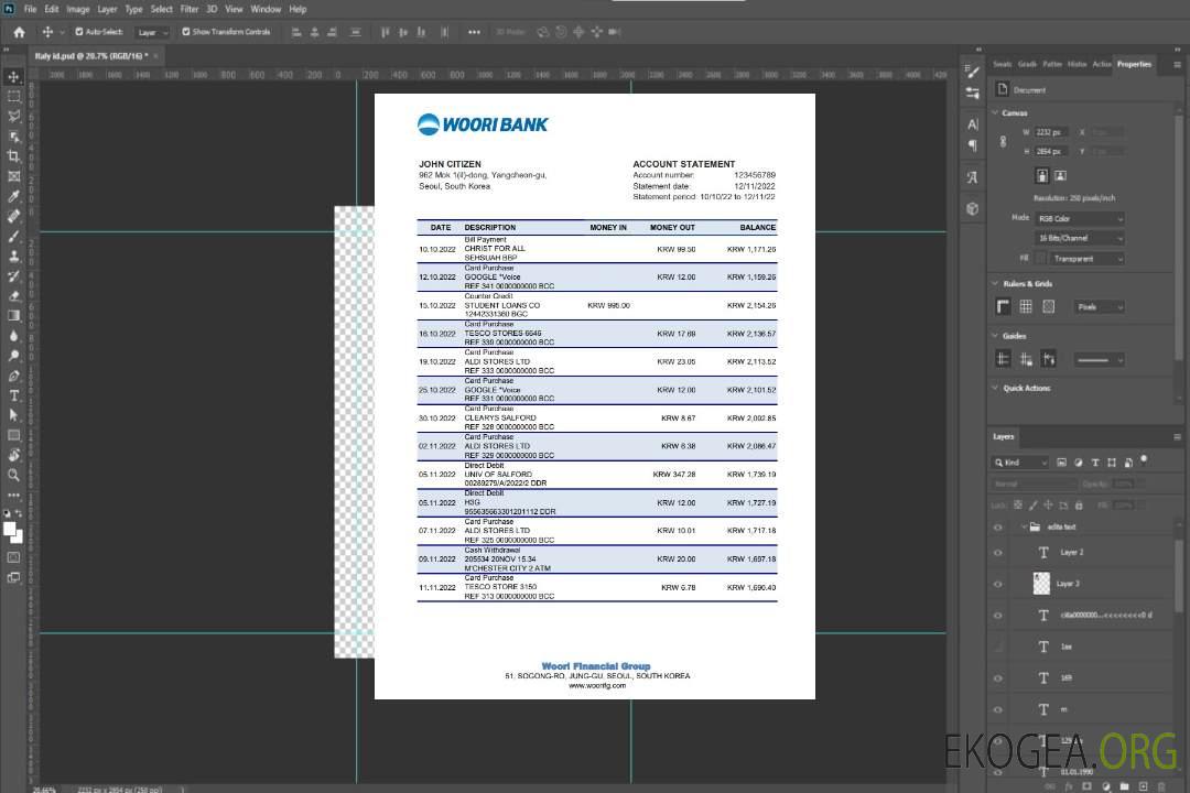 Relevé bancaire Woori de Corée du Sud xls template Relevé bancaire Woori de Corée du Sud xls template